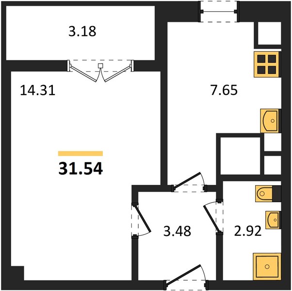 1-комнатная, 31,54 м² — планировка