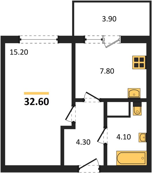 1-комнатная, 32,6 м² — планировка