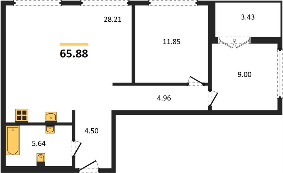2-комнатная, 65,88 м² — планировка