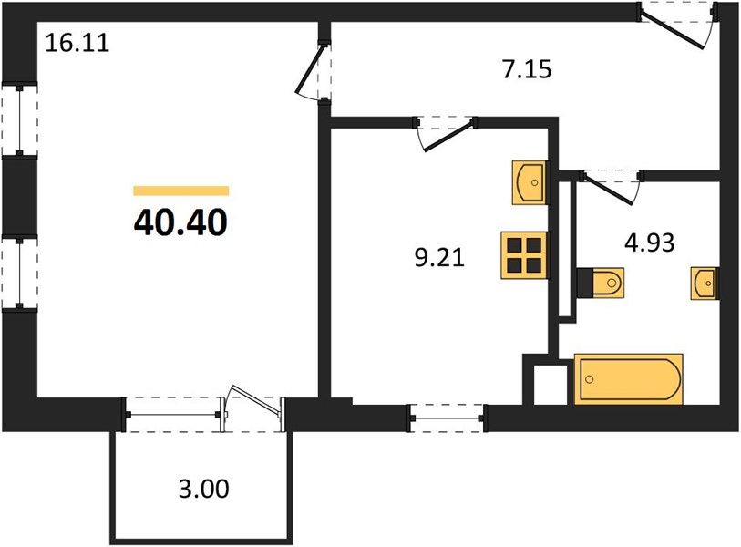 1-комнатная, 40,9 м² — планировка