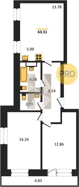 2-комнатная 63.5 м2 в ЖК Притяжение корпус null этаж 3
