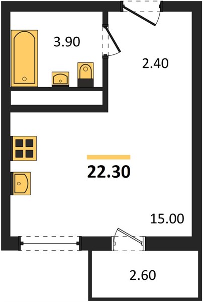 1-комнатная, 22,3 м² — планировка