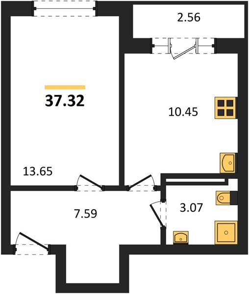 1-комнатная, 37,32 м² — планировка