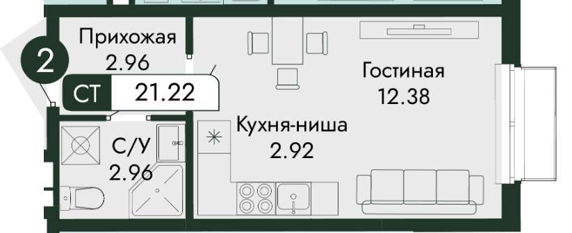 Студия, 21,22 м² — планировка