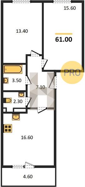 2-комнатная 61 м2 в ЖК ЖК «Ежевика» корпус null этаж 4