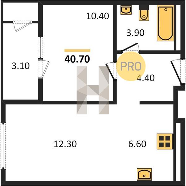 1-комнатная 40.7 м2 в ЖК ЖК «Оазис» корпус null этаж 12