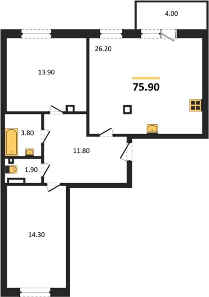 2-комнатная, 75,9 м² — планировка