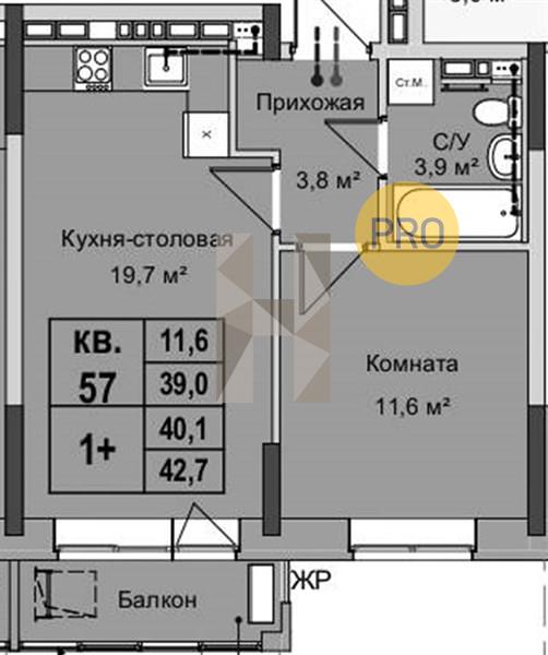 1-комнатная 42.7 м2 в ЖК Новый восход корпус null этаж 5