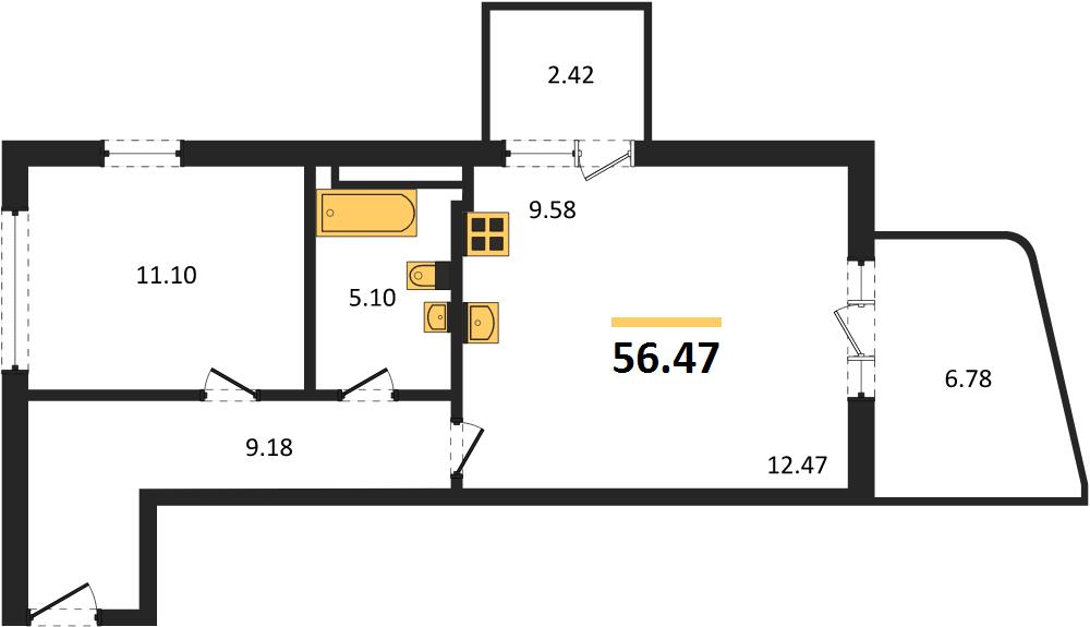 1-комнатная, 56,47 м² — планировка