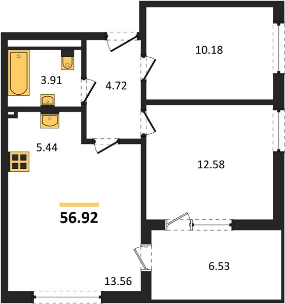 2-комнатная, 56,92 м² — планировка
