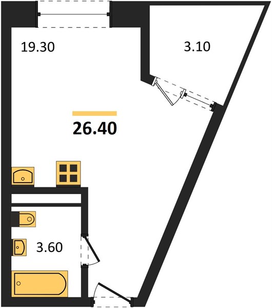 1-комнатная, 26,4 м² — планировка
