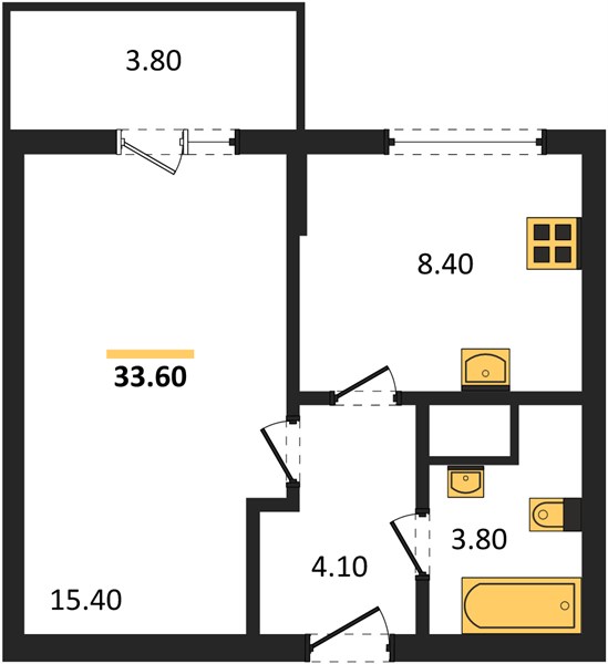 1-комнатная, 33,6 м² — планировка