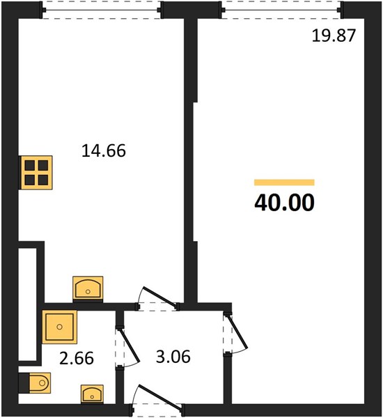 1-комнатная, 40 м² — планировка