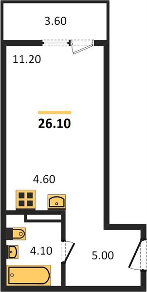 1-комнатная, 26,1 м² — планировка