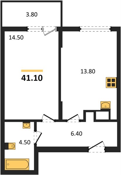 1-комнатная, 41,1 м² — планировка