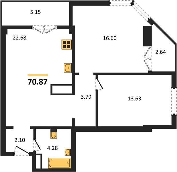 2-комнатная, 70,87 м² — планировка