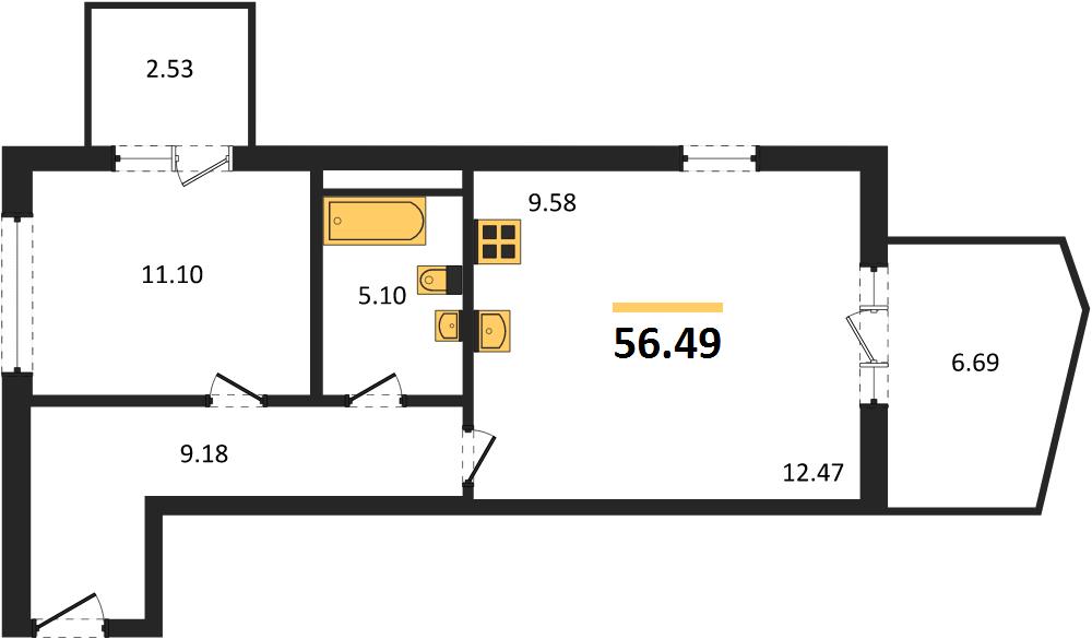 1-комнатная, 56,49 м² — планировка