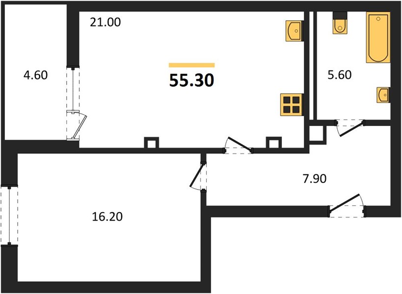 1-комнатная, 55,3 м² — планировка