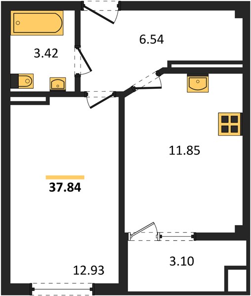 1-комнатная, 37,84 м² — планировка