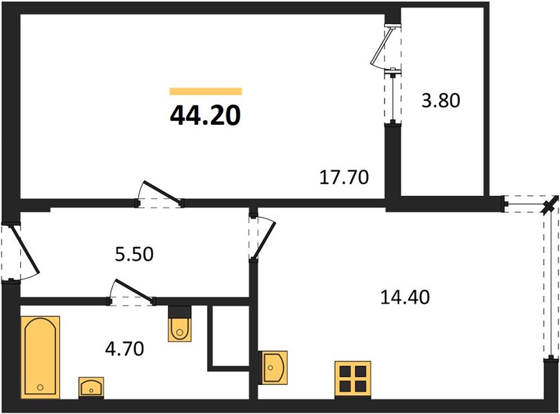 1-комнатная, 44,2 м² — планировка