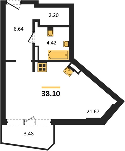 1-комнатная, 38,1 м² — планировка