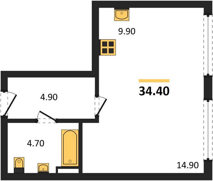 Студия, 34,4 м² — планировка