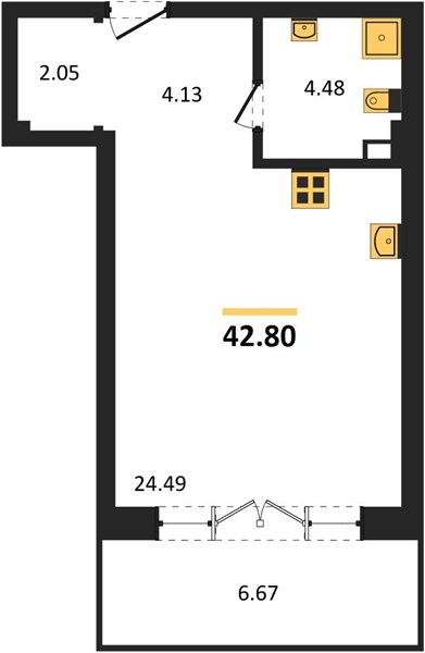 1-комнатная, 42,8 м² — планировка