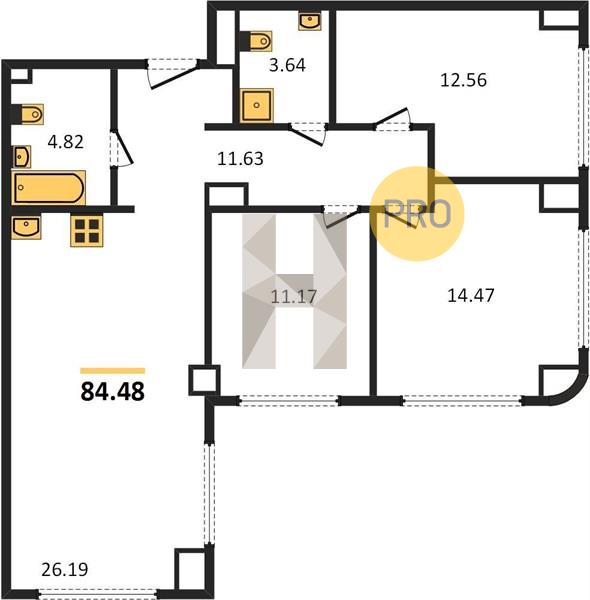 3-комнатная 84.5 м2 в ЖК Резиденция «Свобода» корпус null этаж 25