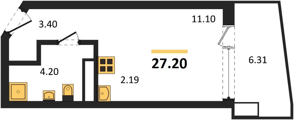 1-комнатная, 27,2 м² — планировка