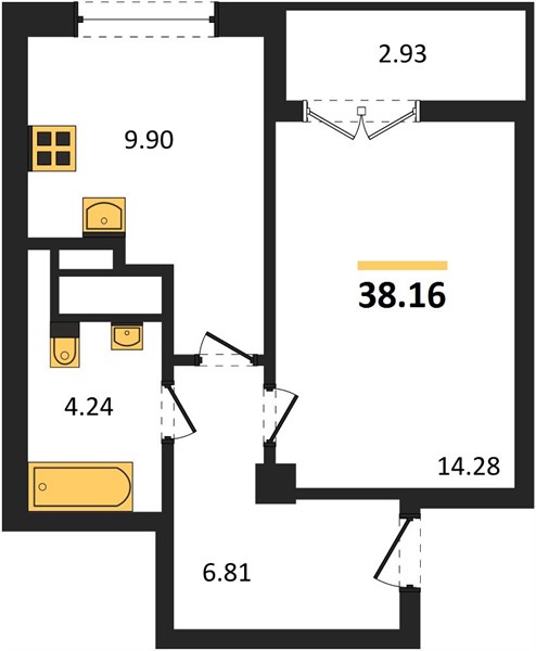 1-комнатная, 38,16 м² — планировка