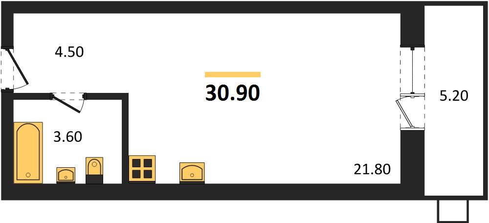 Студия, 30,9 м² — планировка