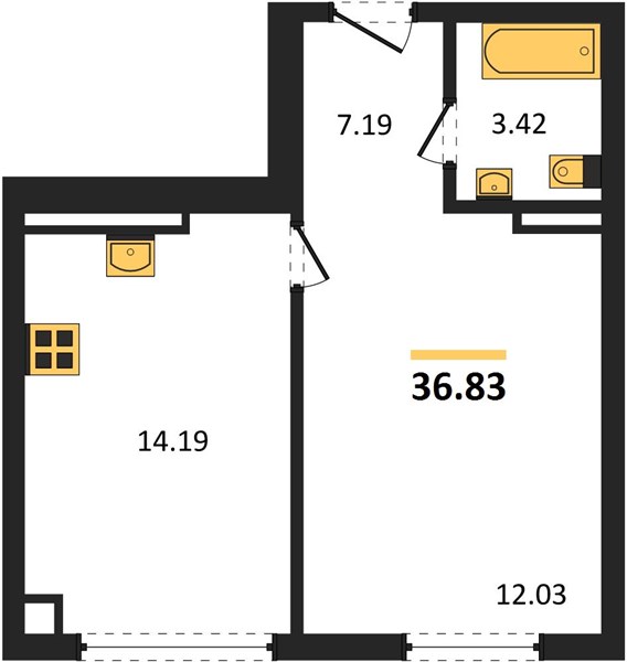 1-комнатная, 36,83 м² — планировка