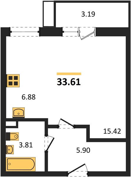 Студия, 33,61 м² — планировка
