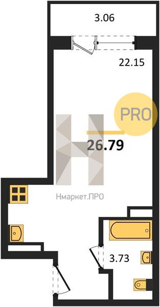 1—комн. квартира, 26.79 кв.м, 18/20 этаж