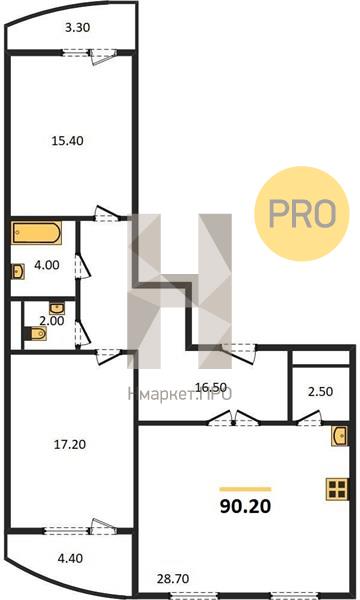 2—комн. квартира, 90.2 кв.м, 14/18 этаж