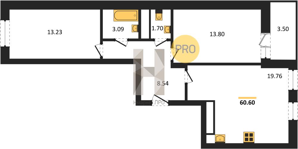 2—комн. квартира, 60.3 кв.м, 16/21 этаж