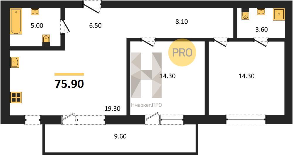 2—комн. квартира, 75.9 кв.м, 4/4 этаж