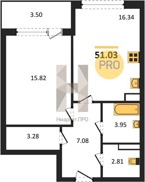 1—комн. квартира, 51.03 кв.м, 3/23 этаж