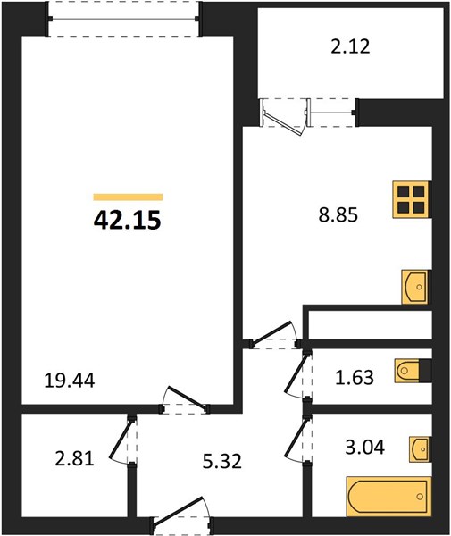 1—комн. квартира, 42.15 кв.м, 14/25 этаж