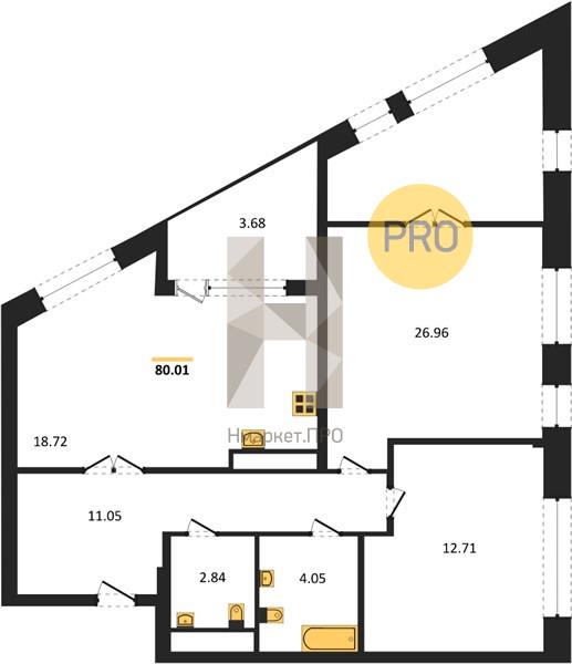 2—комн. квартира, 78.17 кв.м, 3/21 этаж