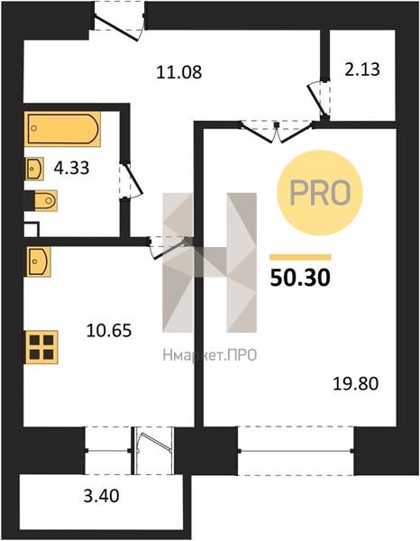 1—комн. квартира, 50.3 кв.м, 1/16 этаж