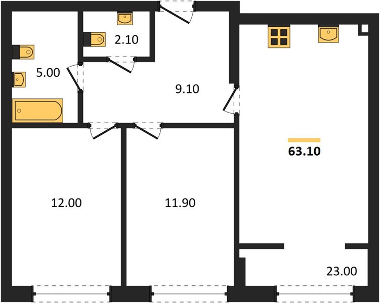 ЖК «Линдовский» · 2-комнатная квартира · 63.1 м² · 1 этаж