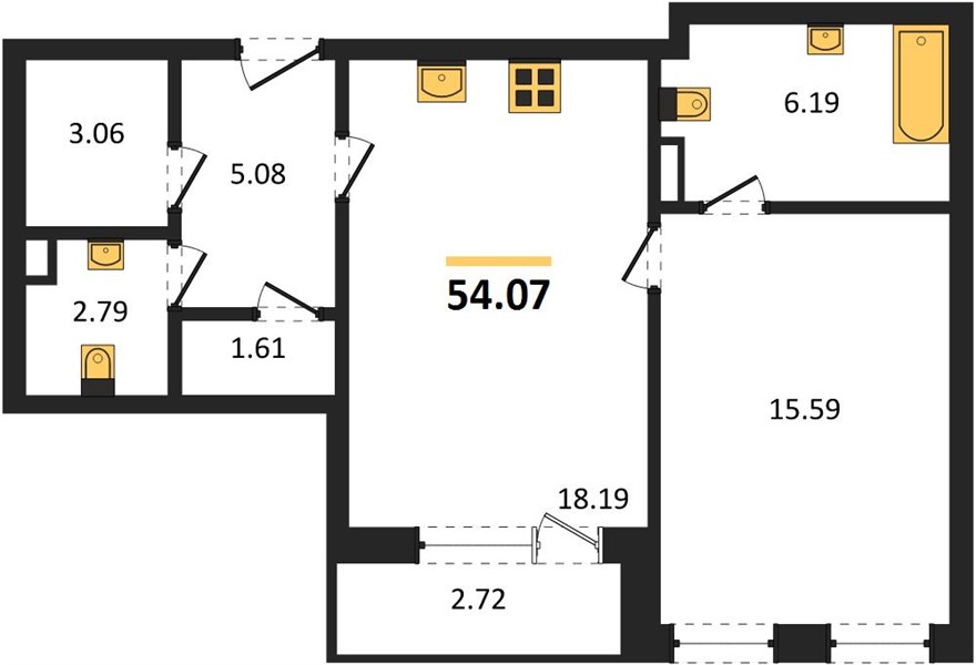 1—комн. квартира, 54.07 кв.м, 5/16 этаж