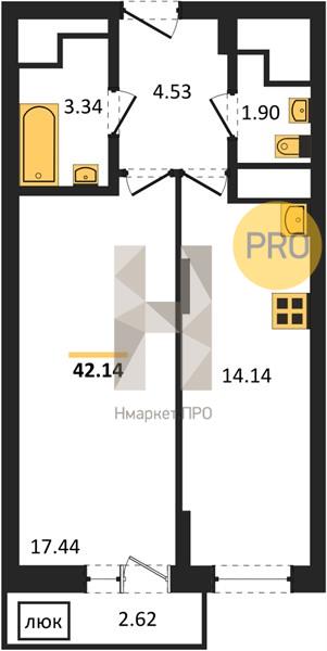 1—комн. квартира, 42.14 кв.м, 26/27 этаж