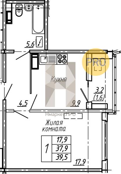 1—комн. квартира, 39.5 кв.м, 17/17 этаж