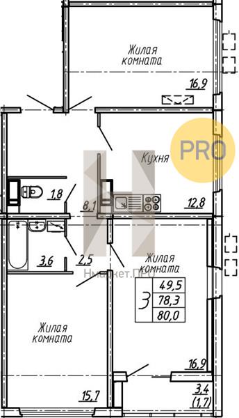 3—комн. квартира, 80 кв.м, 16/19 этаж