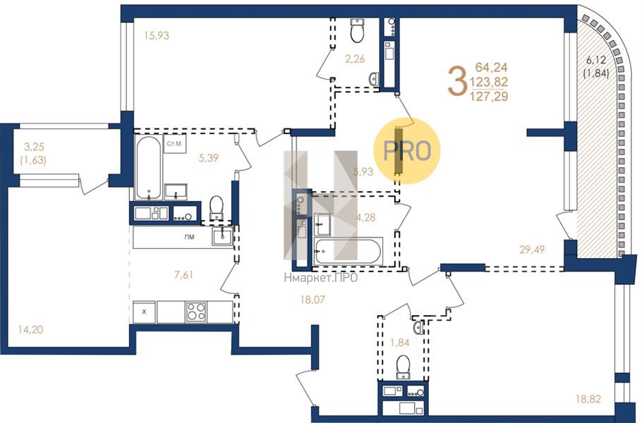 3—комн. квартира, 127.29 кв.м, 6/17 этаж