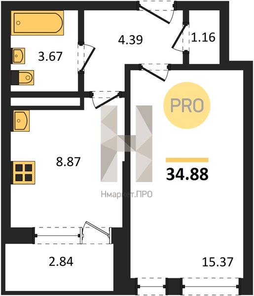 1—комн. квартира, 34.88 кв.м, 14/18 этаж