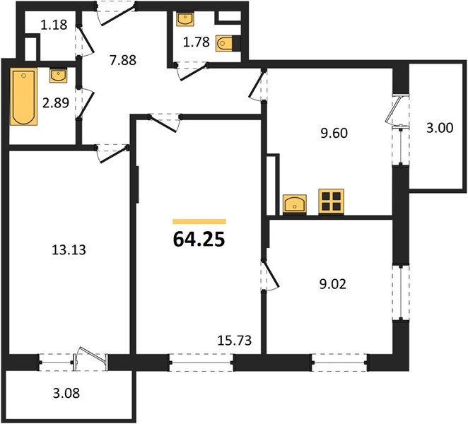 3—комн. квартира, 64.25 кв.м, 9/18 этаж