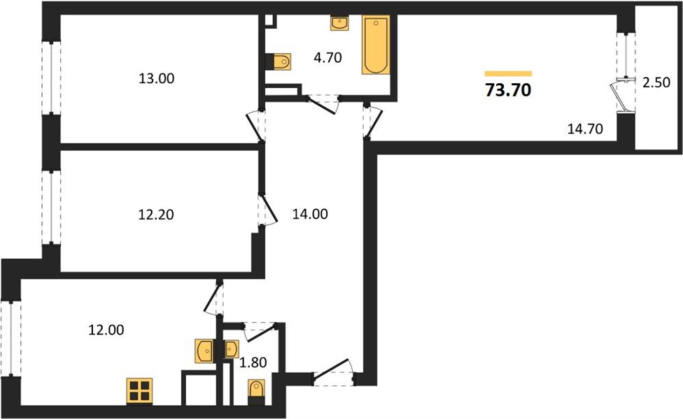 ЖК «Смородина» · 3-комнатная квартира · 73.7 м² · 4 этаж